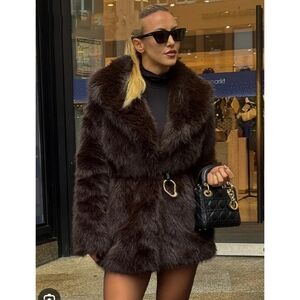 Zara Faux Fur Coat With Belt Brown
